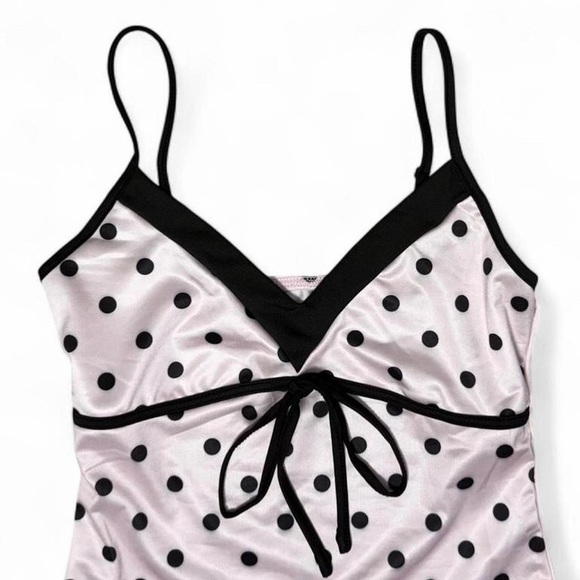 Y2K Pink Polka Dot Bow Cami XS Coquette Babydoll Balletcore Satin Tank Spring - Picture 3 of 6
